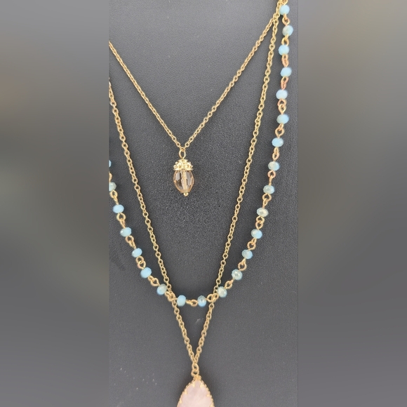Layered Gold Tone Necklace w/ Rose Quartz & Crystal Beads 28” - Picture 4 of 9